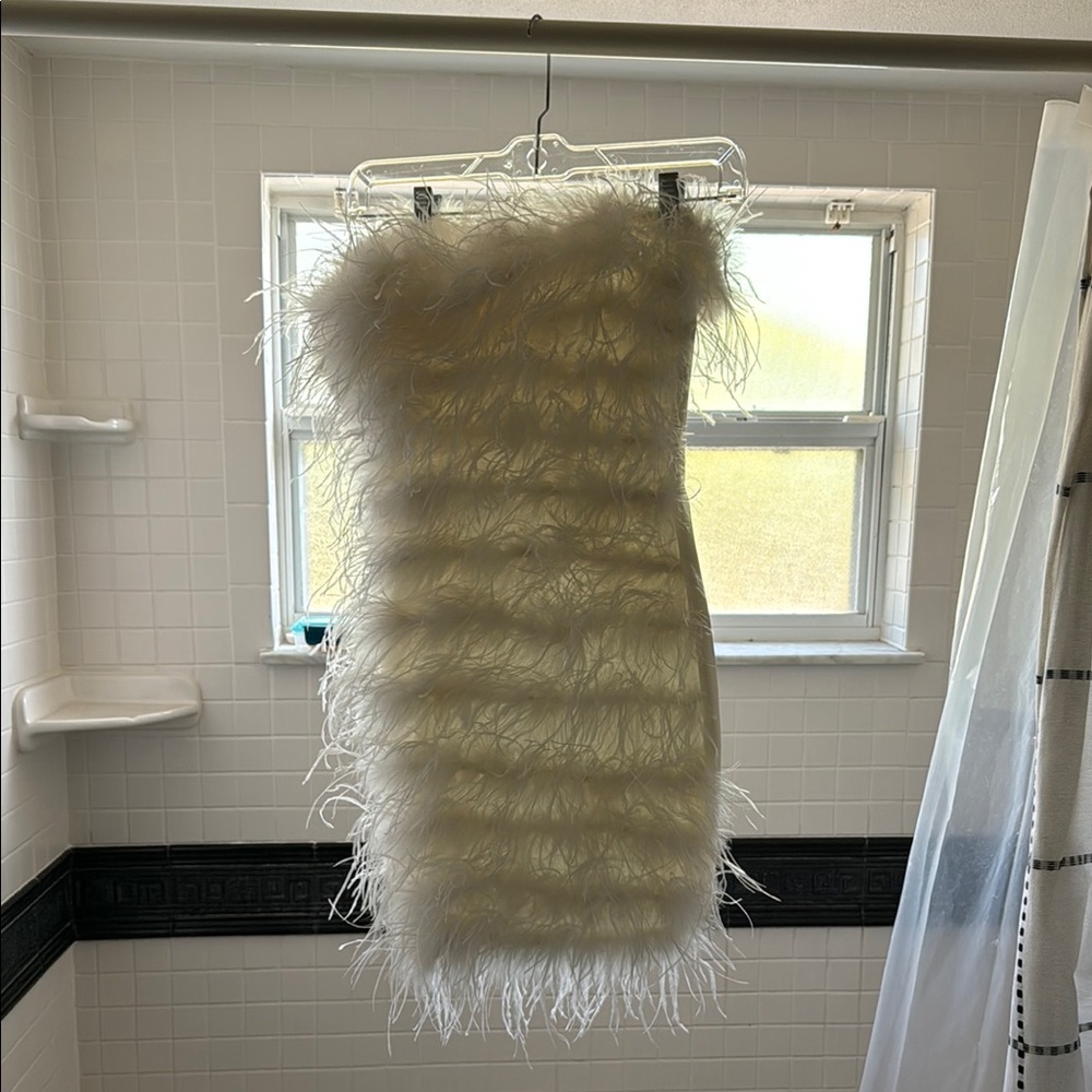 12th Tribe White Feathered Strapless Dress
